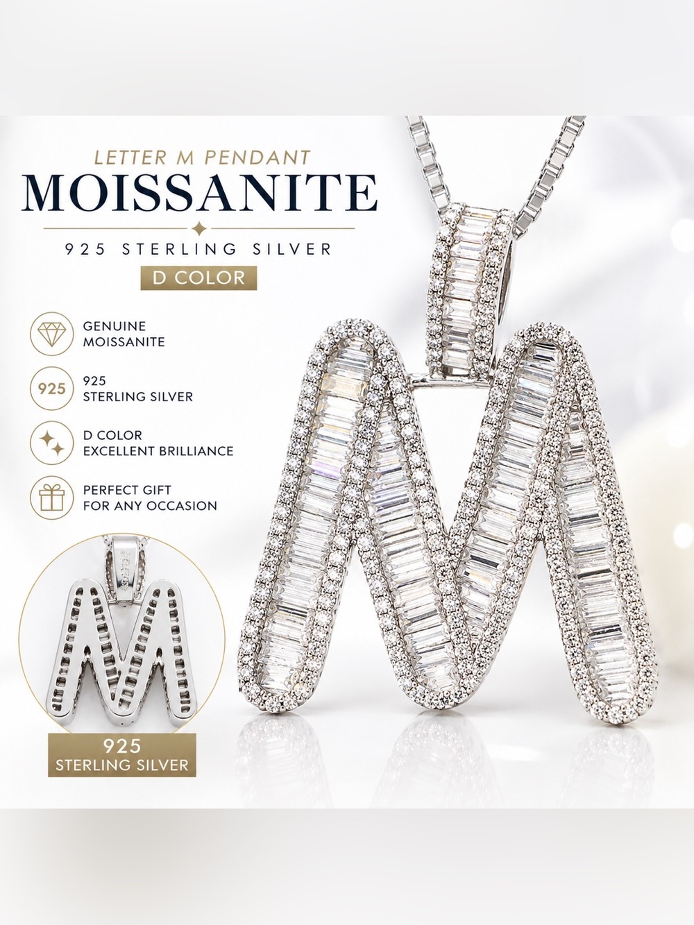 Sterling Silver 'M' Moissanite Pendant Necklace - Letter M Pendant